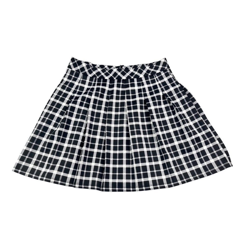Messini Black White Plaid Pleated Mini Skirt Womens Large A-Line Preppy Goth